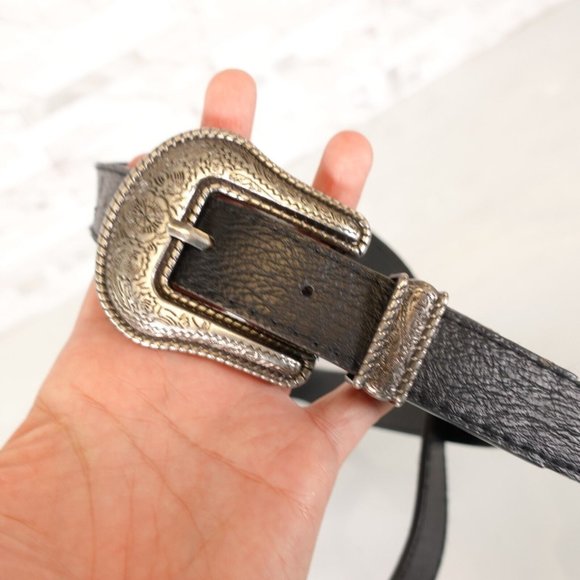 Western Black Belt SMALL 32 Women Leather Black Hippie‎ Boho Silver Big Buckle main image 10